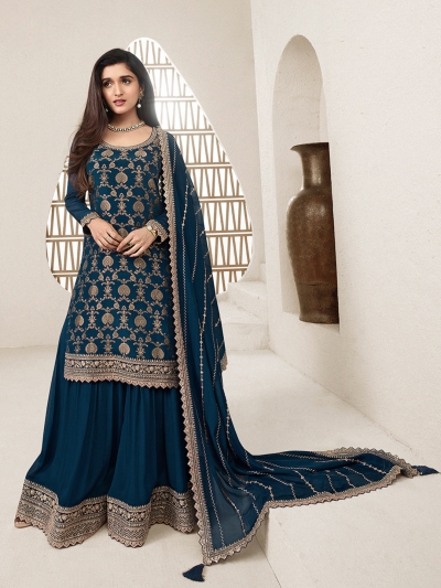 Jacquard chinon sharara suit in Teal blue colour 66213